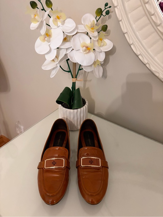 Tory Burch Shoes - Tory Burch Cognac Patent Leather Penny Loafers with Logo Plaque